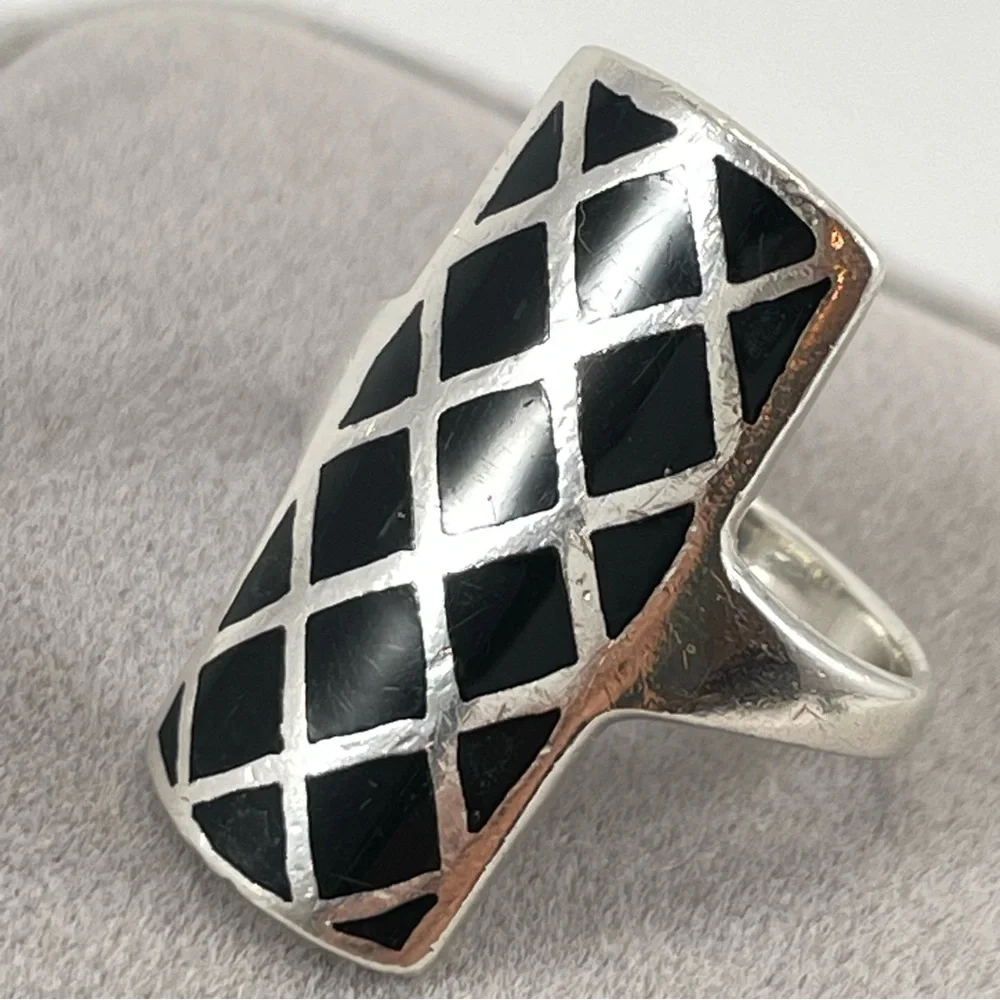 Vintage CFJ 925 Sterling Silver Black Onyx Ring Art Deco Geometric Band